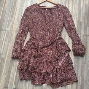 Express Burgundy Printed Long Sleeve Tiered Dress